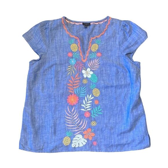 Talbots Black Label Split Neck Embroidered Linen Blend Top Large Petite - Picture 2 of 9